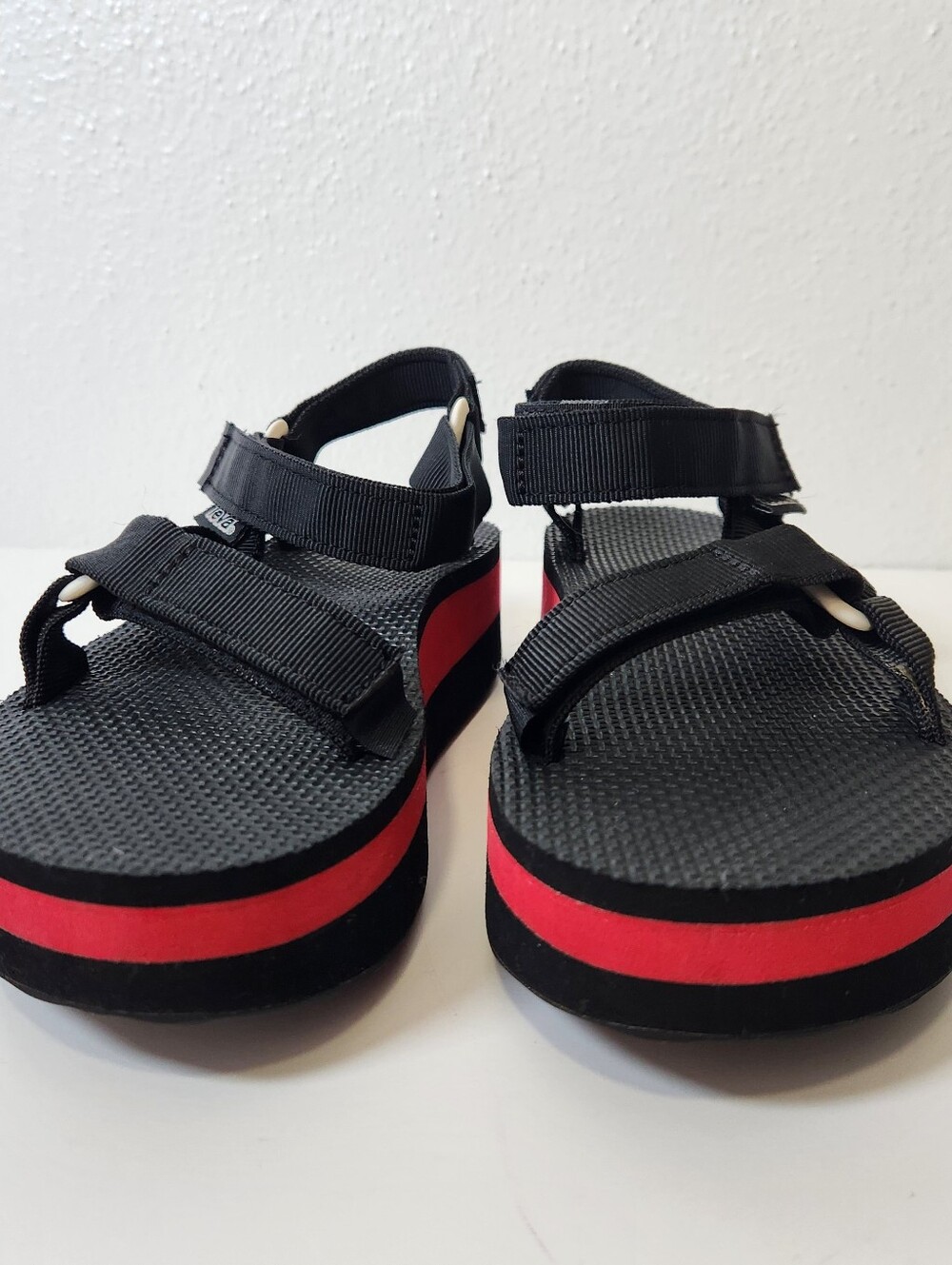 Teva Black Strappy Platform Sandals with Red Stripe - Picture 5 of 13